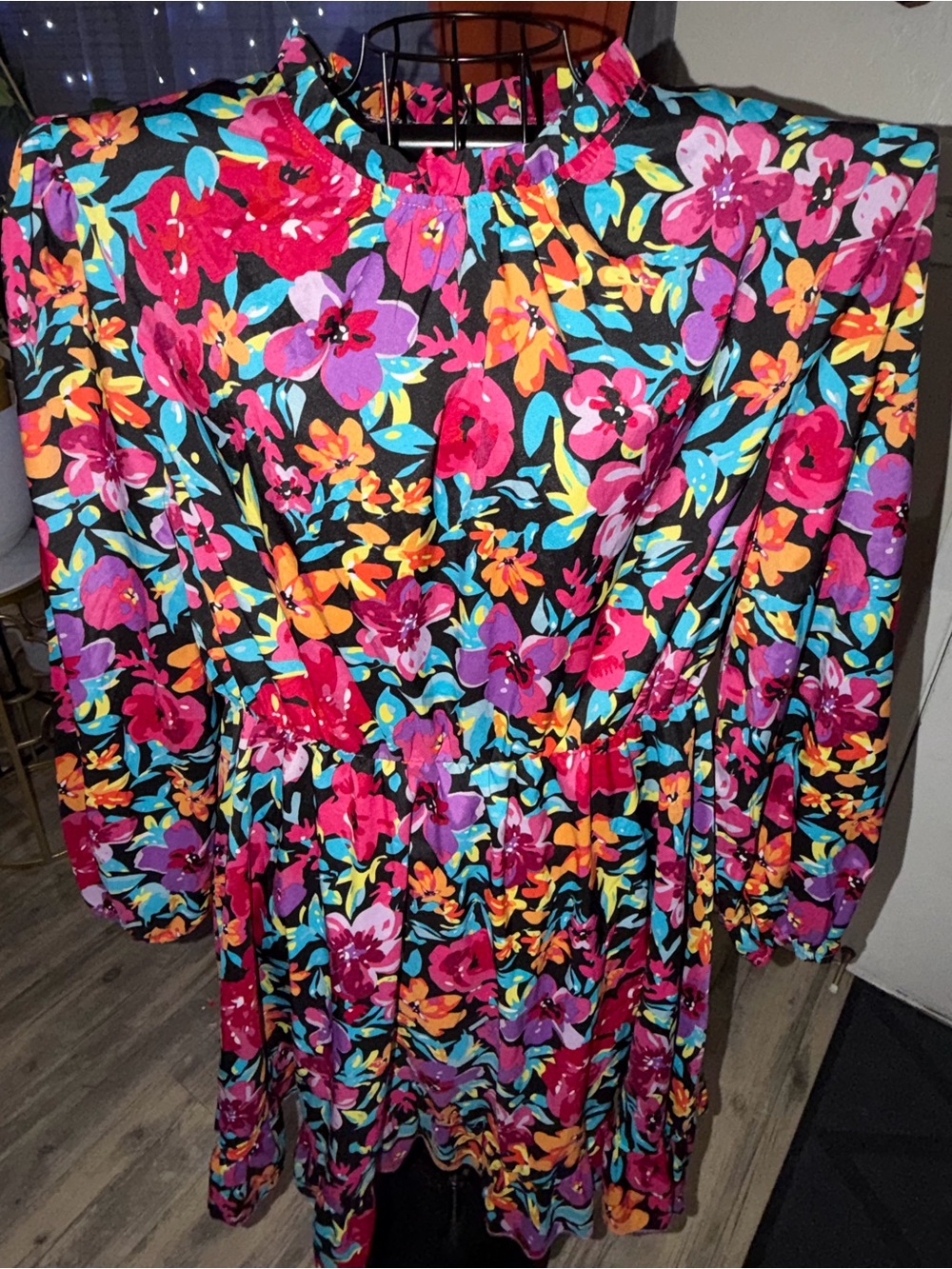 SHEIN Black Floral Long Sleeve Smock Dress with Pink, Purple & Orange